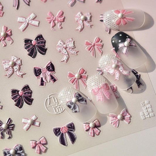 5D Embossed Bow Nail Stickers Pink Black Pearl Bow Tie Design Self-Adhesive Nail Decals Sweet Girly Manicure Decorations for Women DIY Nail Art