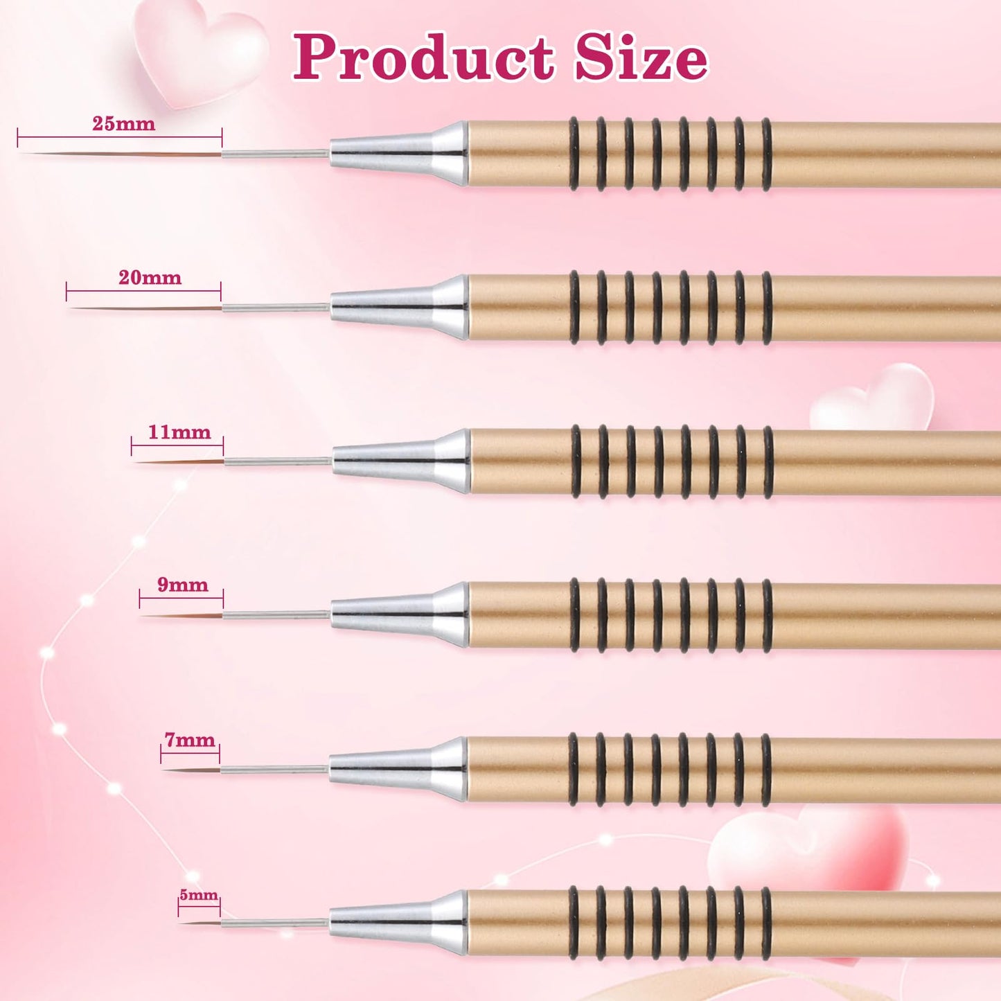 INENK 2PCS Round&Angled Nail Art Clean Up Brushes for OPI Nail Polish Remover + 6PCS Gold Nail Liner Brushes for Detail Painting Design Fine Lines Drawing, 5/7/9/11/15/25mm