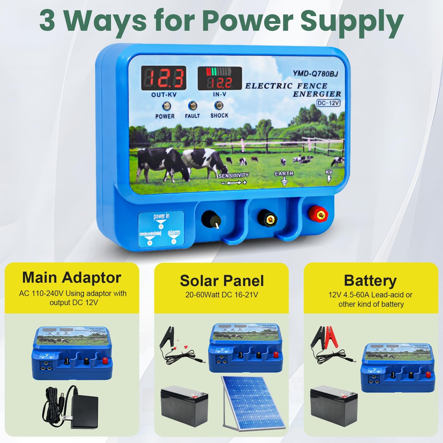 15.5J Electric Fence Charger, 15.5 Joules 600 Acres, AC DC 2 in 1 Powered Supply, Input 12V Output 12KV, with Display Remote and Alarm, Keep Out Predators, Contain Cattle Cow and Livestock