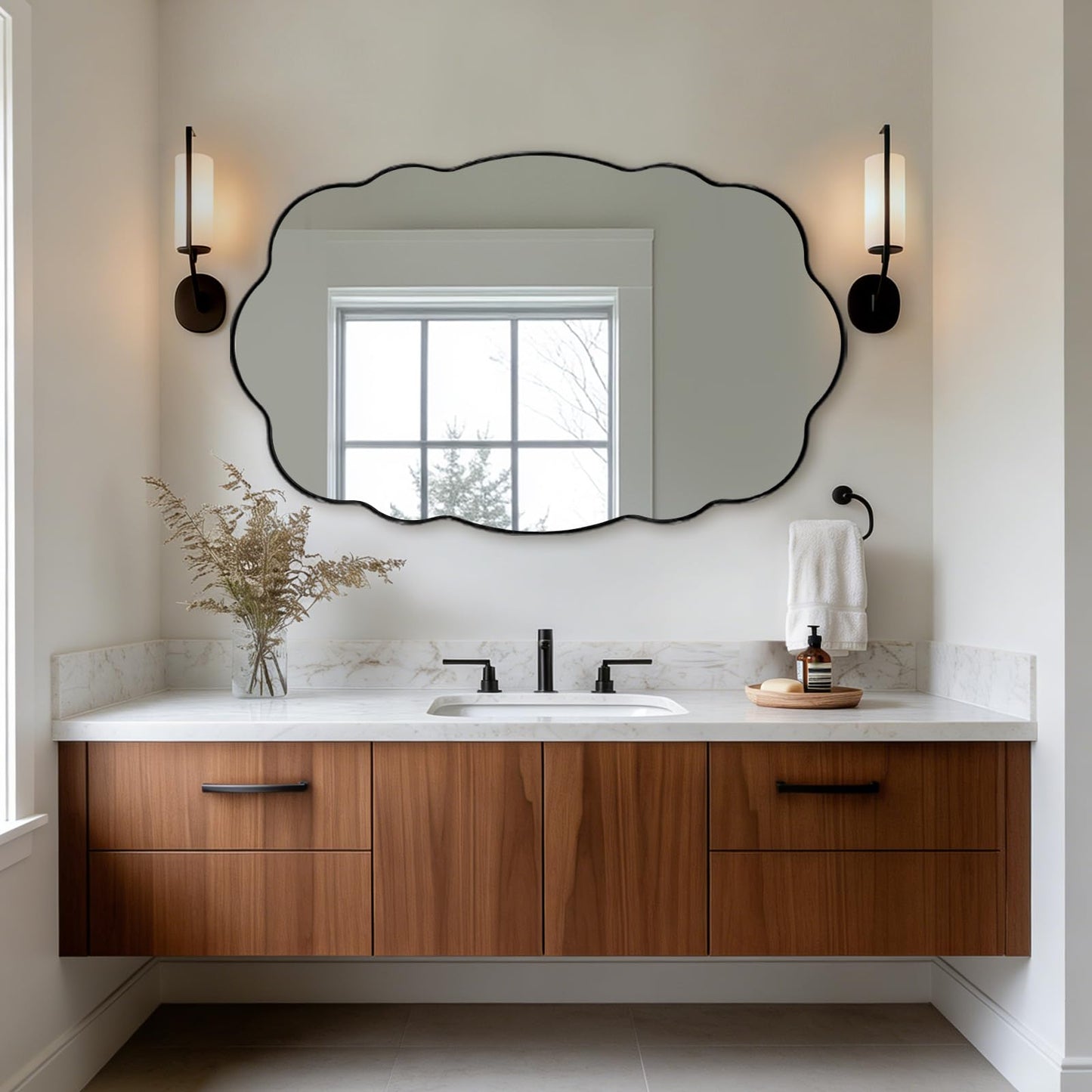 ANDY STAR Matte Black Scalloped Wall Mirror -30x48 Bathroom Vanity Mirror for Vanity, Living Room & Entryway, Anti Rust Stainless Steel MetalWall Mount Horizontal or Vertical