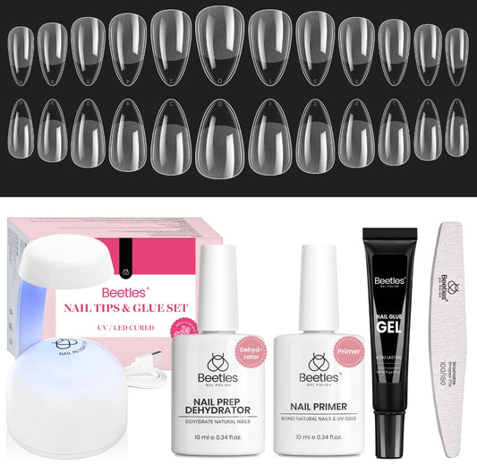 Beetles Gel Nail Kit Short Almond Gift Spree, with Dehydrator and Primer, 576Pcs Half Matte Etch-X Gel Nail Tips Solid Nail Glue Mini Lamp Acrylic Tips Easy DIY Extension Set Gift for Women