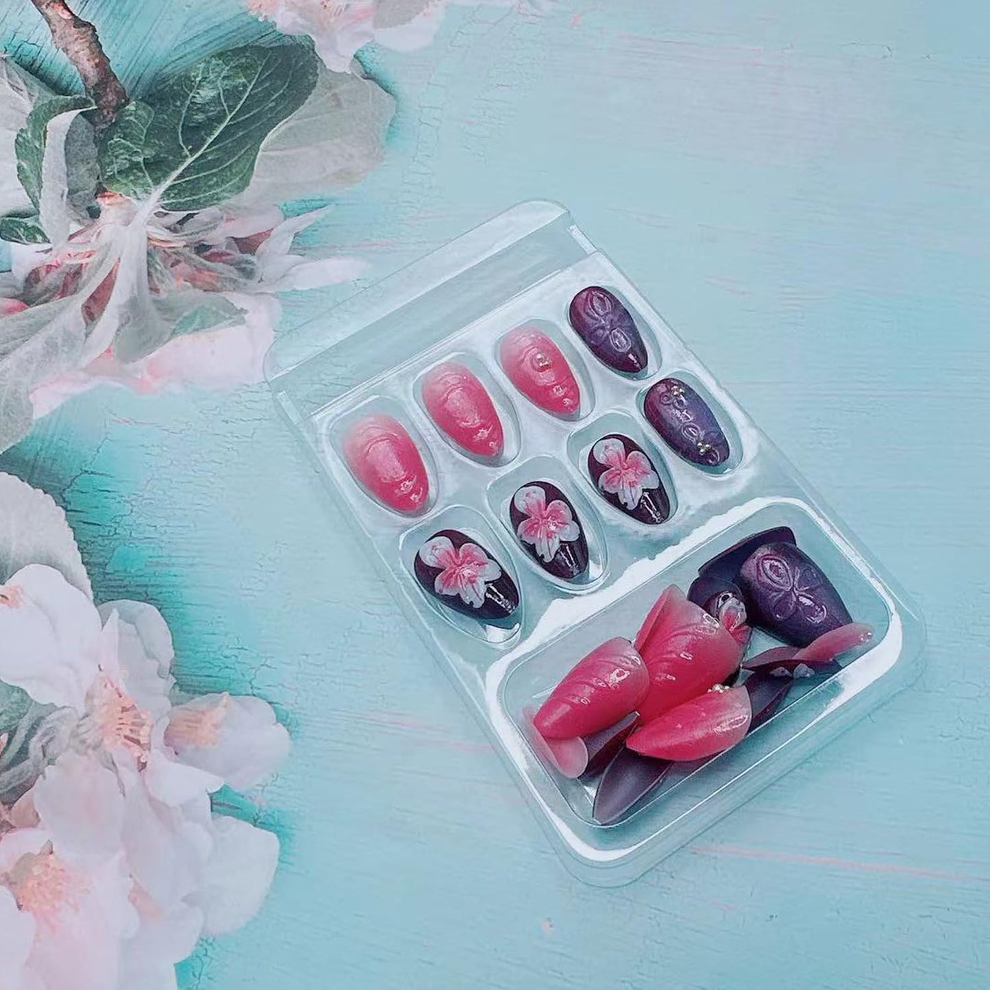 3D Flowers Press on Nails Medium Almond Fake Nails Cute Flower False Nails with Pearls Nail Charms Pink White Gradient Floral Design French Tip Press on Artificial Nails for Women DIY Decor Daily Wear