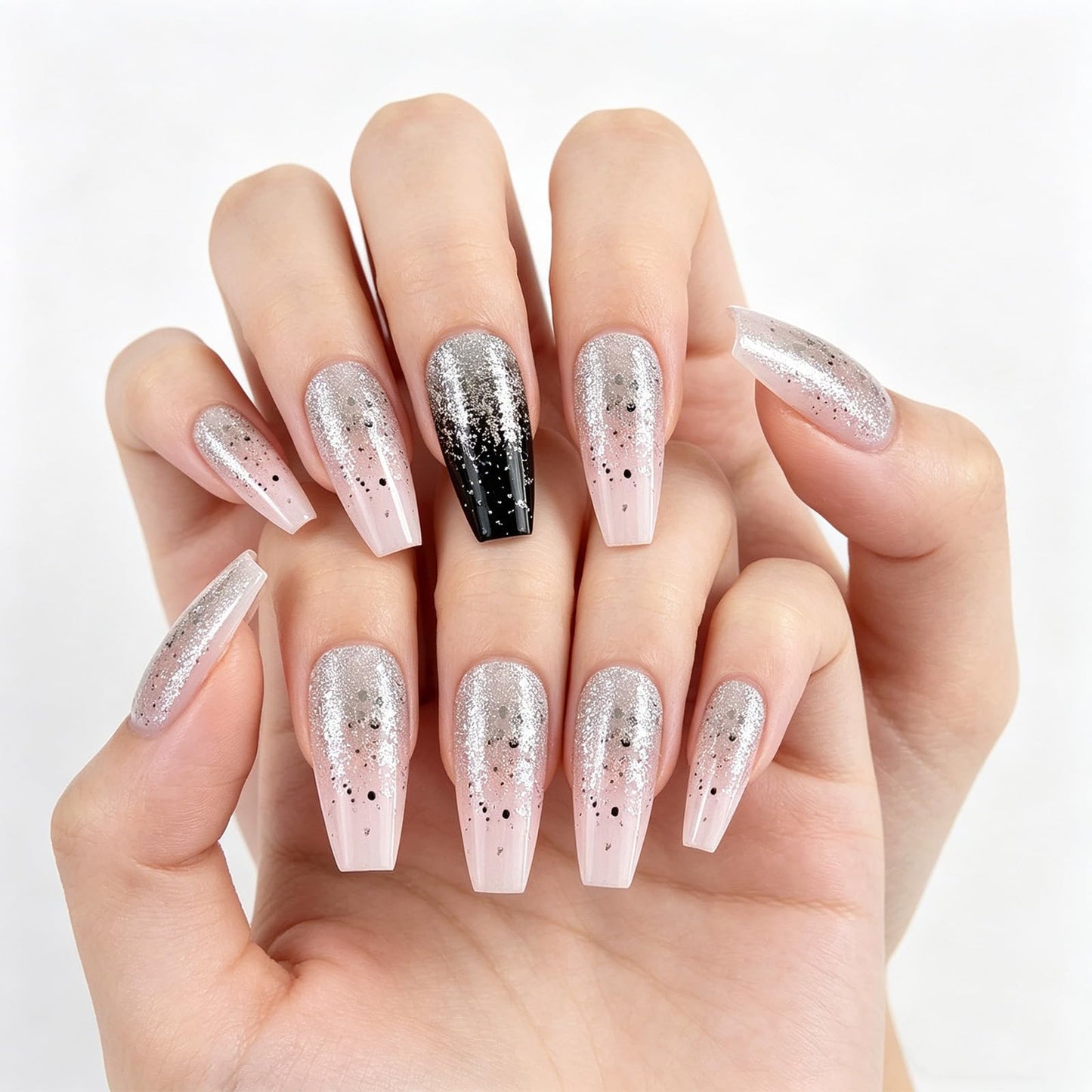 Black French Tips Press on Nails Medium Coffin Fake Nails Glossy Pink Ombre False Nail Silver Sparkle Reusable Glue on Artificial Fingernails for Women Party Style