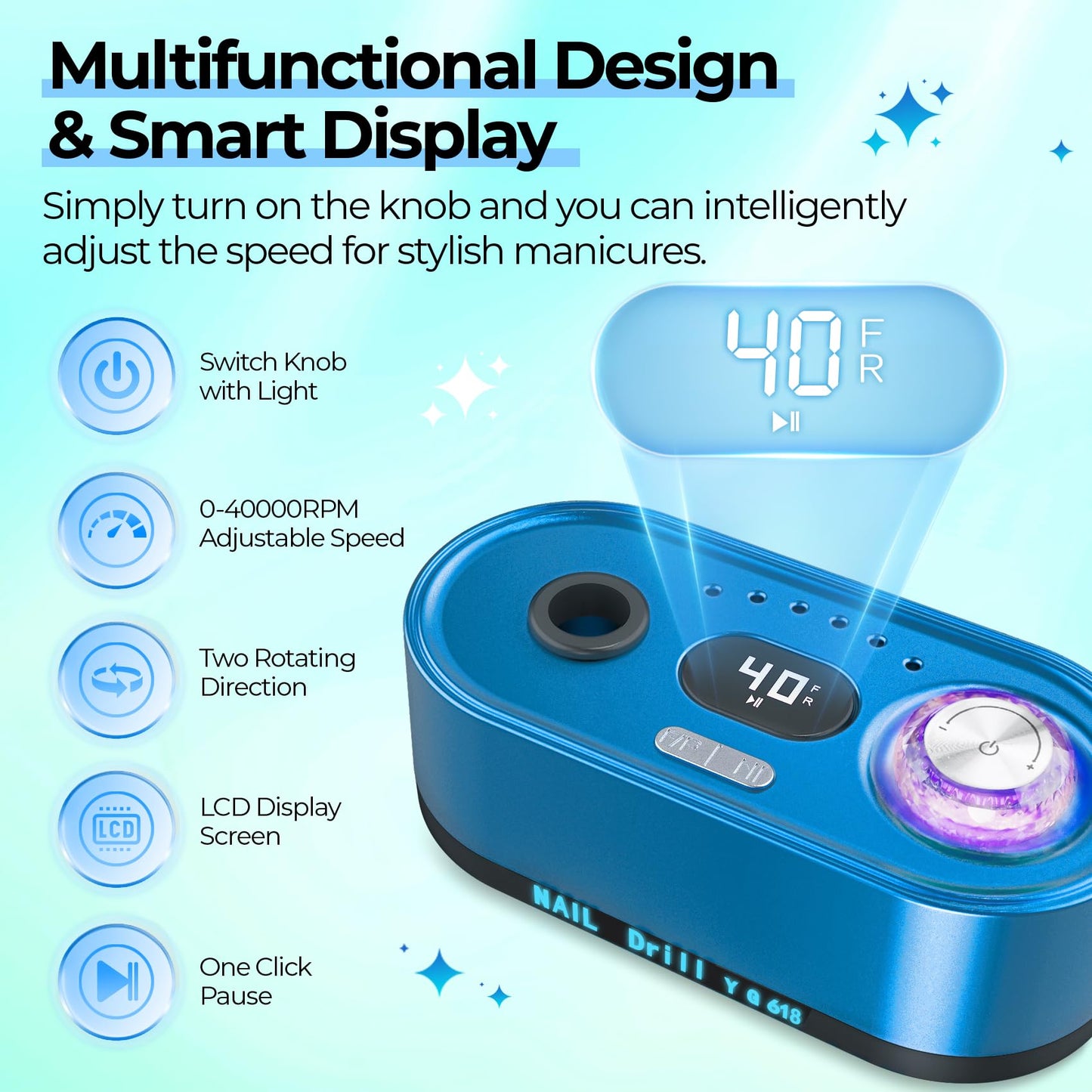 JOSGLOI Electric Nail Drill Professional: 40000RPM Electric Nail File Kit E File Nail Drill Machine with LCD Display for Acrylic Gel Nail, Manicure Pedicure Polishing Nail Grinder for Salon Home Use