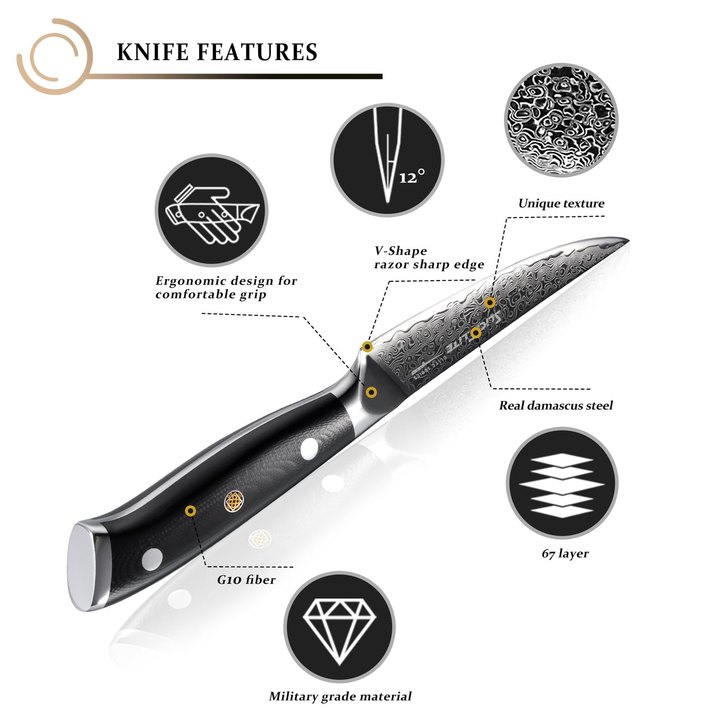 SliceElite Elite Series 6-Piece Steak Knife Set Non-Serrated Plain Edge Steak Knives 67-Layer Damascus Steel with VG10 Super Steel Core G10 Composite Handle Premium Steak Knives Blade Guards Gift Set