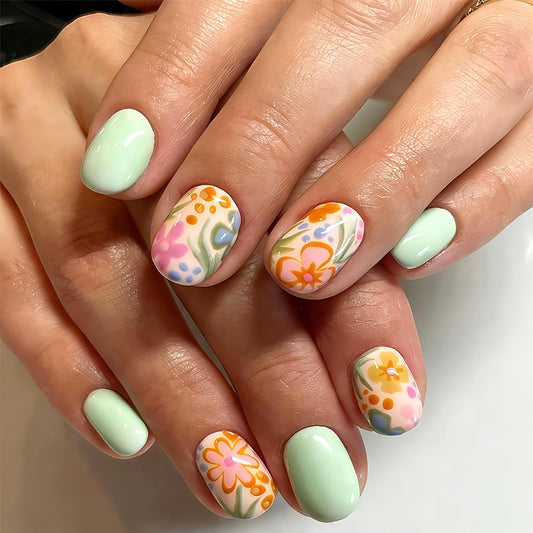 Sage Green Press on Nails Short Square Fake Nails with Cute Flowers Design Spring Summer False Nails Press ons Glossy Stick on Nail Reusable Artificial Glue on Nails for Women 24Pcs