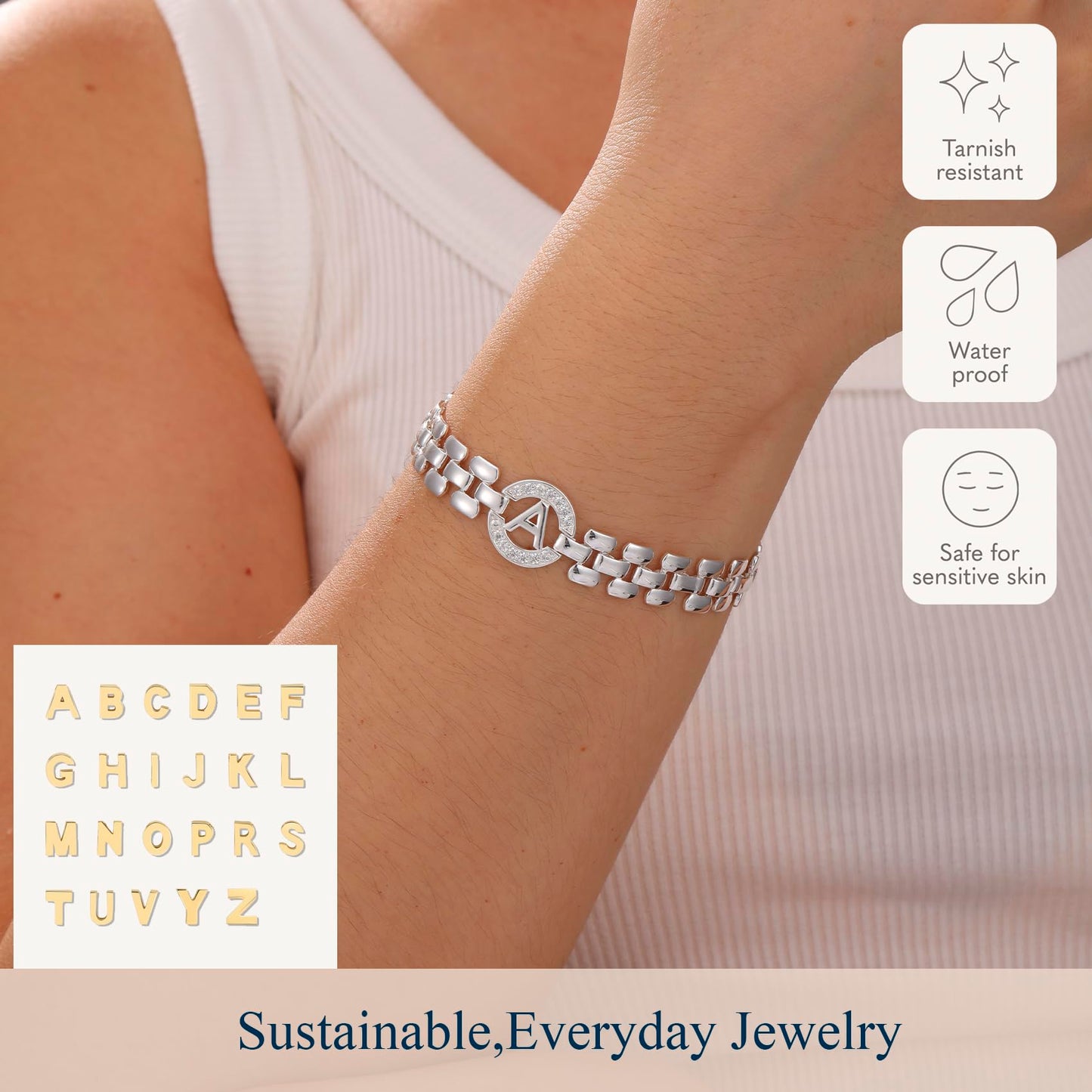 WEDDINEN Initial Bracelet,Silver Letter Bracelets for Women, Thick Bangle Wrist Gold Alphabet Bracelets for Women, Christmas Gifts for Women Jewelry Initial R Charm Chain