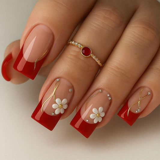 French Tip Press on Nails Square Medium Fake Nails Silver Lines Yellow Rhinestones Pink Flower Designs Glossy Nails Press ons Nude Glue on Nails Acrylic Artificial Stick on Nails for Women 24Pcs