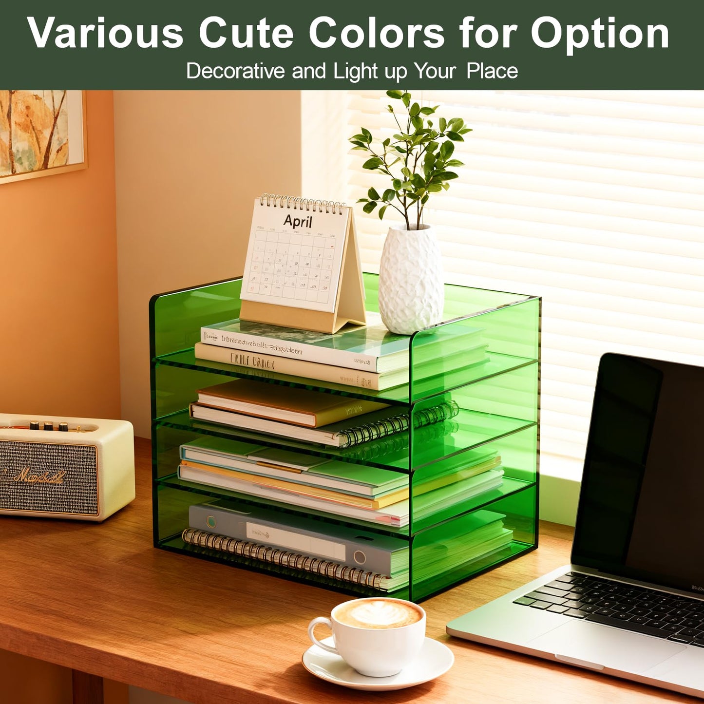 Gelite Acrylic File Organizer for Desk 4 Tiered Stackable Letter Tray Office Paper Storage Desktop Document Sorter, Emerald Green