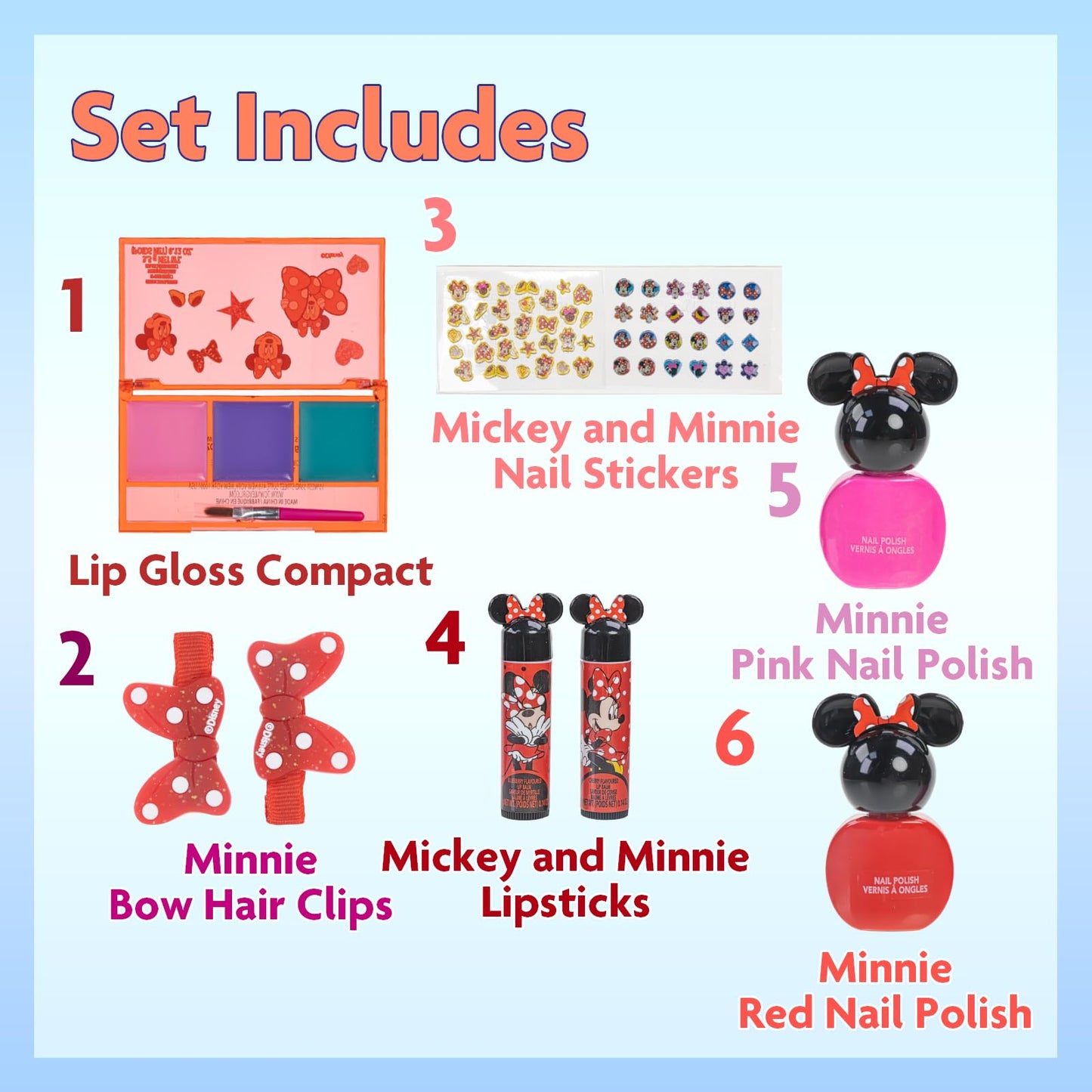 Disney Minnie Mouse Cosmetic Makeup Gift Bag Set Includes Lip Gloss, Nail Polish & Hair Accessories for Kids Girls Ages 3+ by Townley Girl