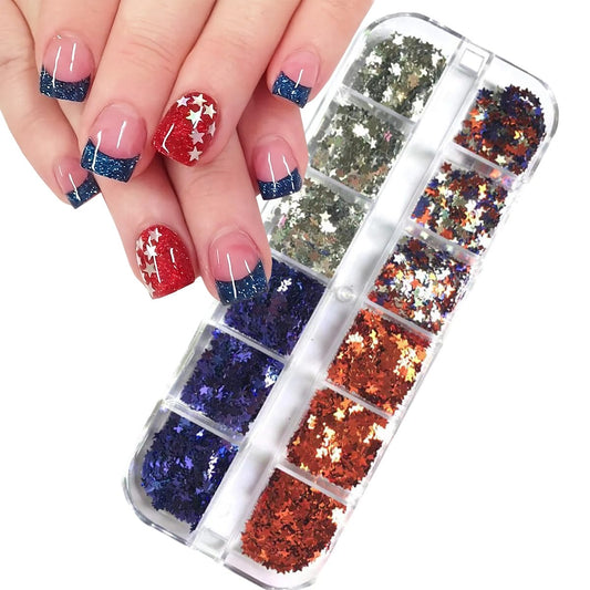 4th of July Nail Art Glitter Sequins 3D Holographic Nail Flakes Red Silver Blue American Flag Nail Art Design Shiny Star Nail Glitter for Acrylic Nails,Independence Day Manicure Decoration Accessories