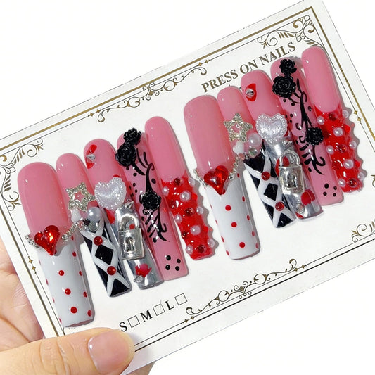10 Pcs Extra Long Handmade Press on Nails Square Fake Nails with 3D Flowers Lock Love Charms Design Pink Acrylic False Nails White French Tip Press Ons Nails Long for Women Wedding Party - M Size