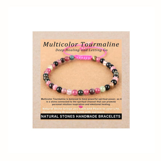AD Beads 4mm Multicolor Tourmaline Bracelet - Deep healing - Handmade Natural Stone Crystal Bracelet with Adjustable Macrame String - Yoga Healing Power Energy Gifts for Men and Women