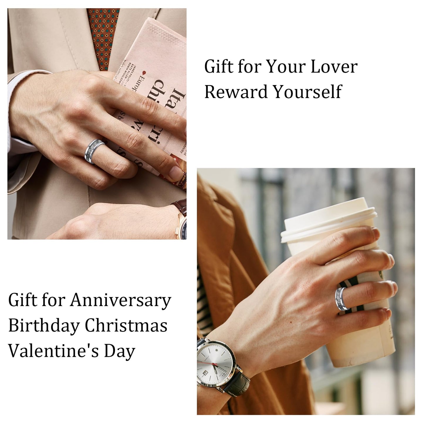 HJIMMNHONG New Carbon Fiber Fashion Rings Double Beveled Edge Delicate Polished Simple Stainless Steel Mens and Women Rings,8mm,Grey,Size10