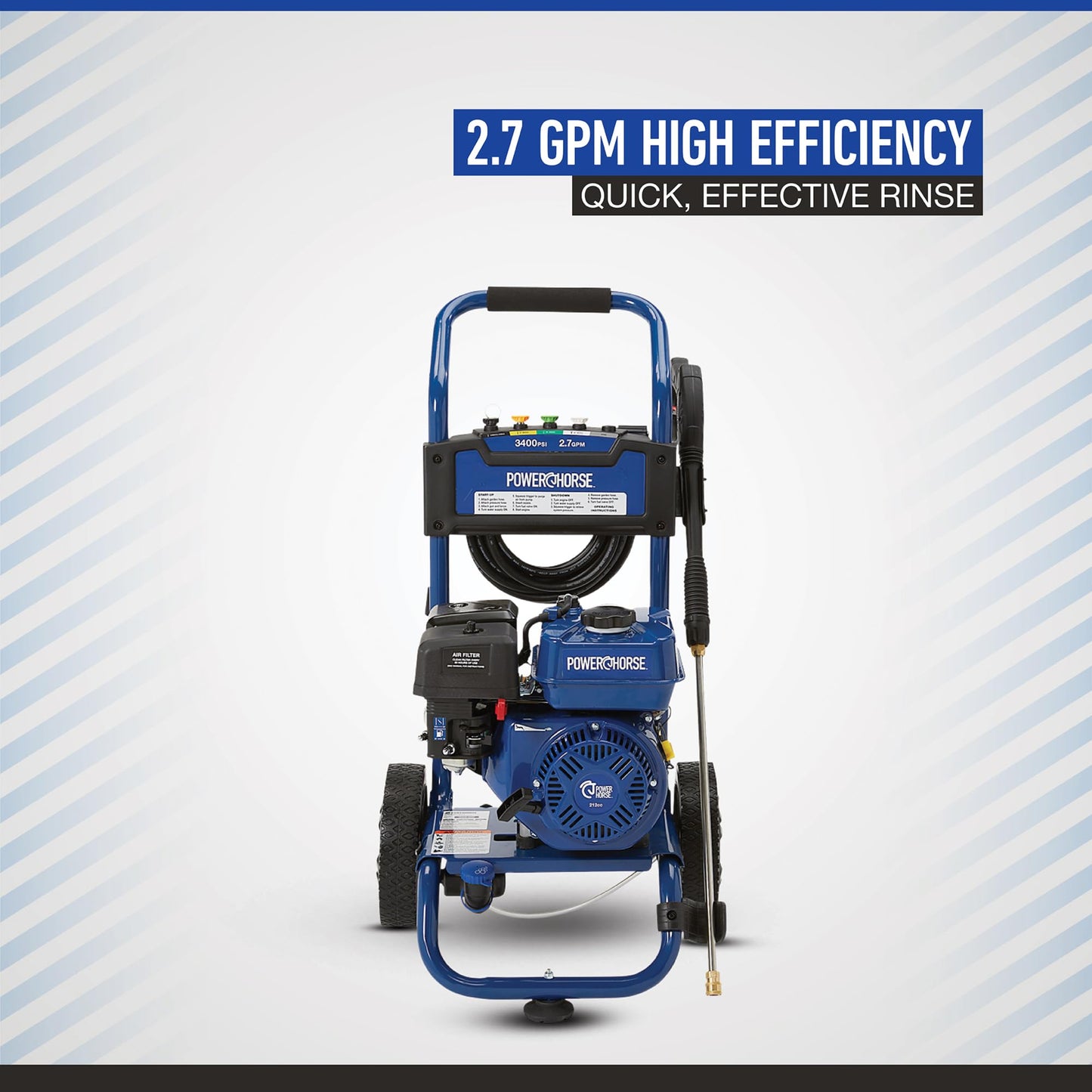 Powerhorse Gas Cold Water Pressure Washer, 3400 PSI, 2.7 GPM, Maintenance-Free Axial Pump, Steel Tube Frame