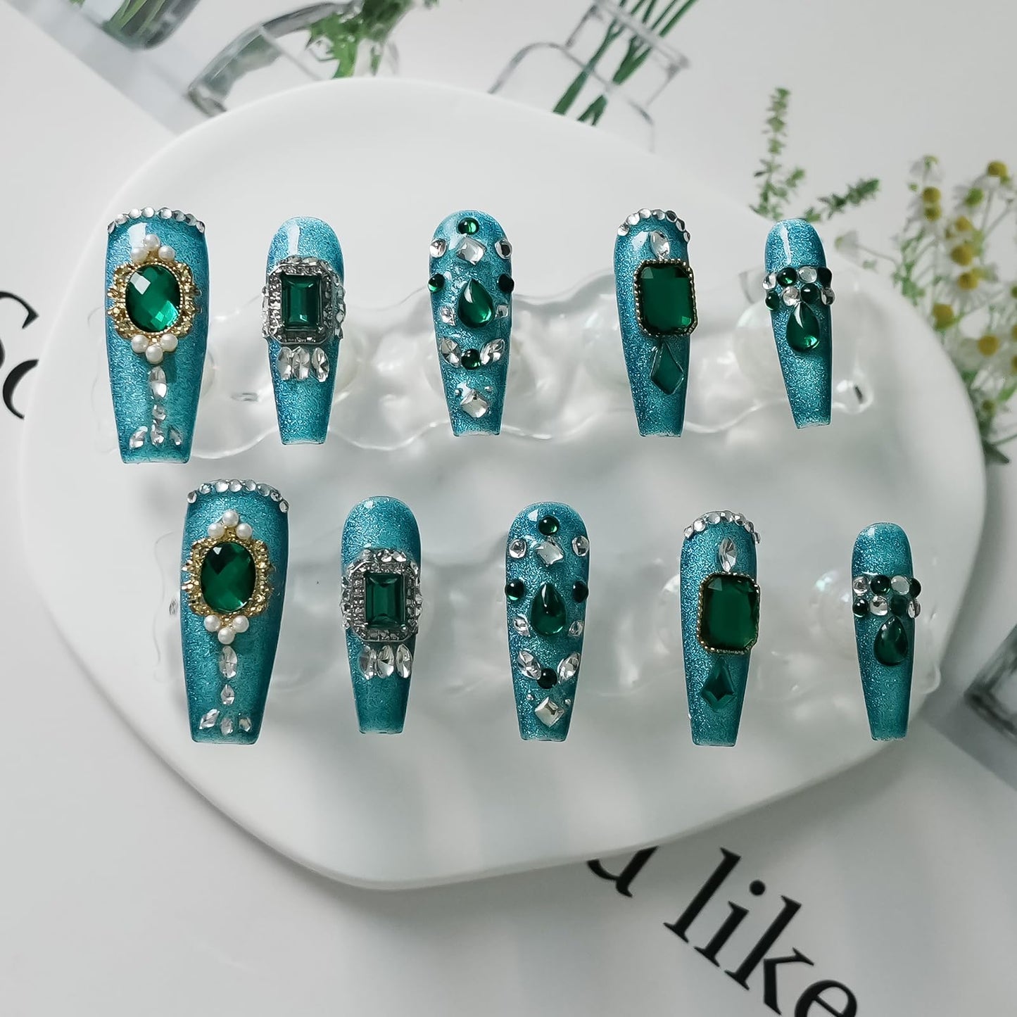Tesytto Handmade Press on Nails Long Coffin - Emerald Green Luxury 3D Crystal Rhinestones Design, Salon Quality Reusable Fake Nails, Elegant False Nails for Women(Emerald Green Sparkle,S)
