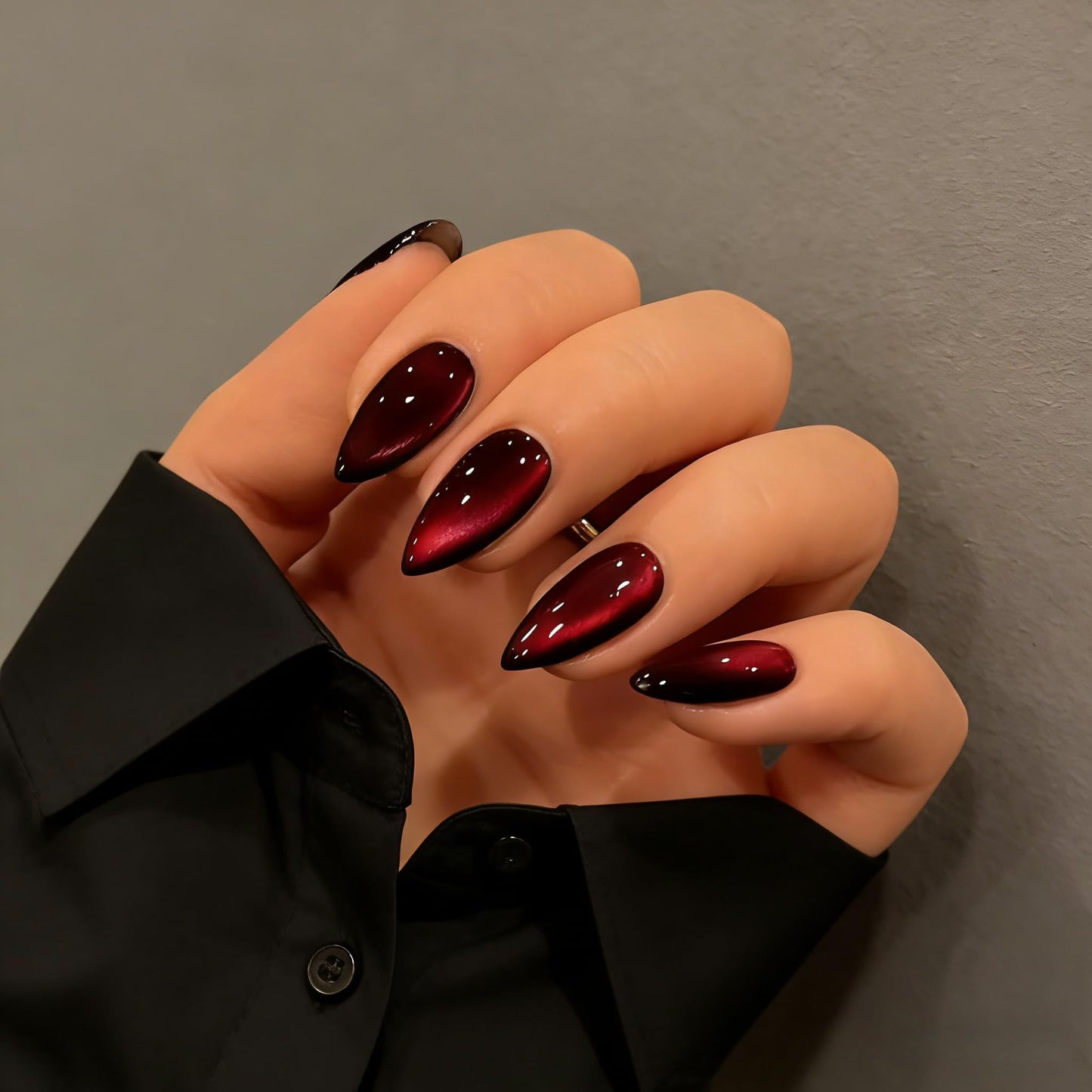 KQueenest Cat Eye Press On Nails Almond - Dark Red Press On Nails Medium Stiletto, 30 Pcs 15 Sizes Glitter Fake Nails Press ons, Upgrade Thick Quality, Reusable Glue on Nail for Women Goth Party
