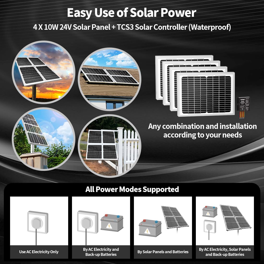 TOPENS DKC2000S Solar Sliding Gate Opener Chain Drive Automatic Gate Motor for Heavy Driveway Slide Gates Up to 4400 Pounds, Electric Gate Operator Battery Powered with Solar Panel Remote Control Kit