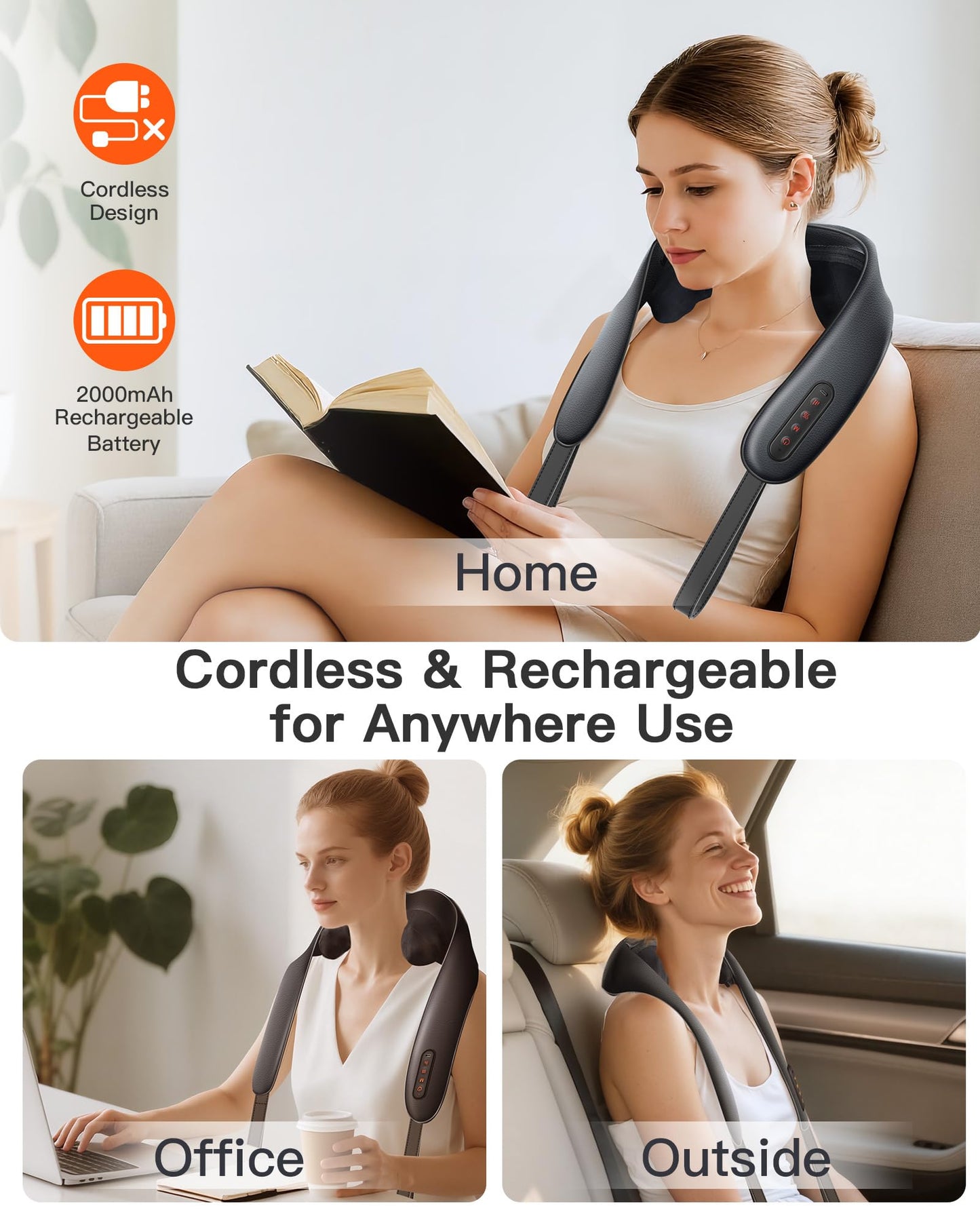 JZBRAIN Neck and Shoulder Massager with Heat – Cordless Shiatsu Neck Massager for Pain Relief Deep Tissue - Adjustable Speed & Modes Kneading Massage for Back - for Men Women