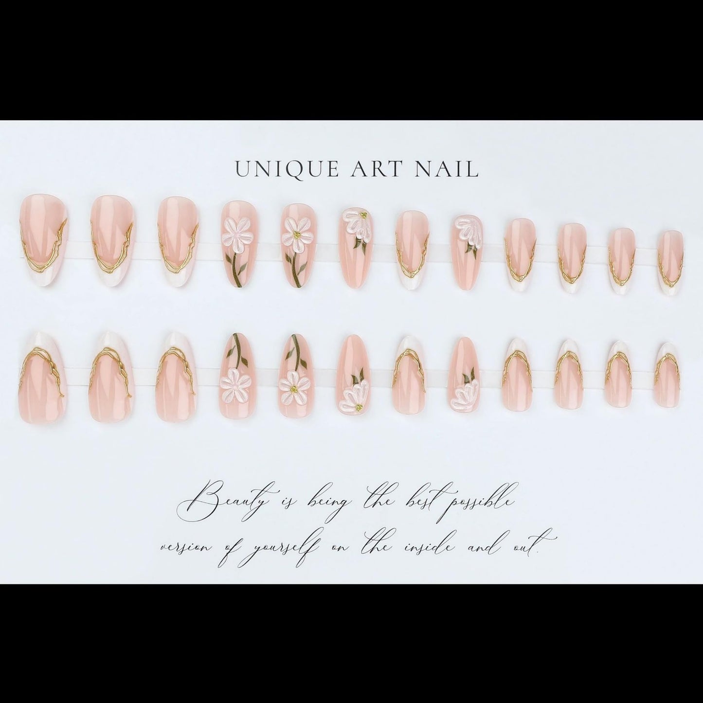 Long Press on Nails Almond Fake Nails Pink Artificial Nail White Flower Gold French Leaf Vine Glossy Stick on Nail Elegant Floral Design for Women 24pcs