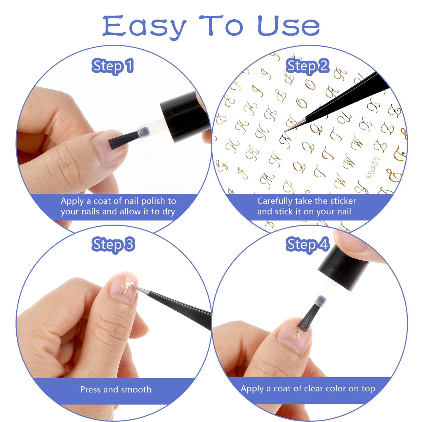 14 Sheets Letter Nail Stickers for Nail Art, 3D Self-Adhesive Black White Gold Silver Old English Nail Letter Stickers, Nail Art Stickers DIY Decoration Nail Accessories for Women Girls