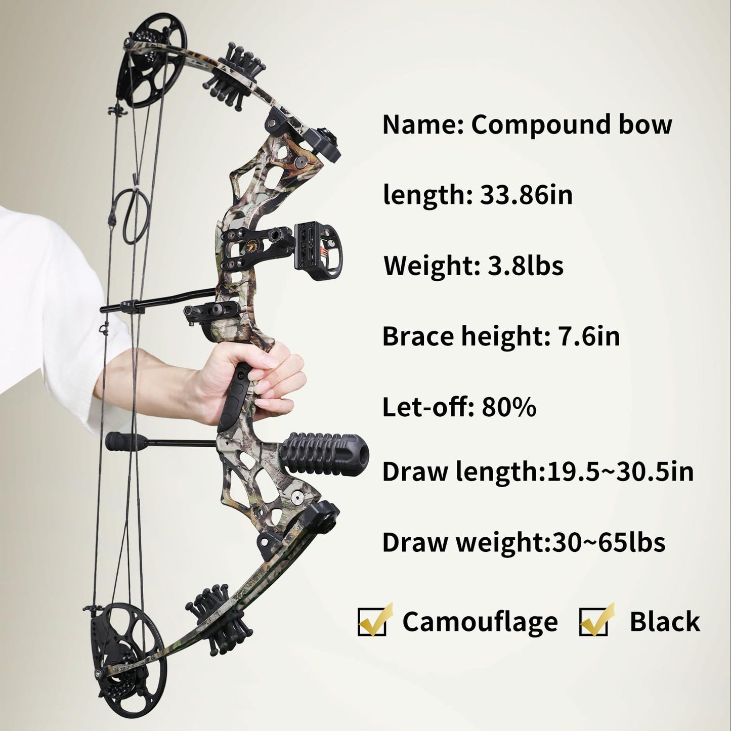 Adult Archery Compound Bow Fishing Combination Kit Adjustable 30-65lbs Composite Bow Combination 19.5 "-30" Rope Length Hunting Equipment (Camo)