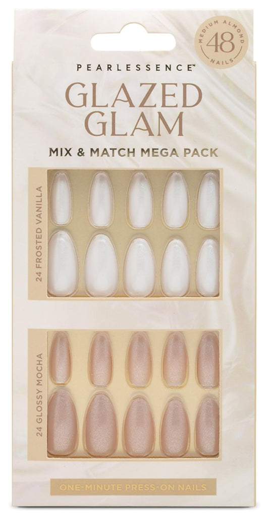 Pearlessence 48pc Glazed Glam Med Oval Press On Nails Mega Pack | Frosted Vanilla & Glossy Mocha | Medium Almond Shape
