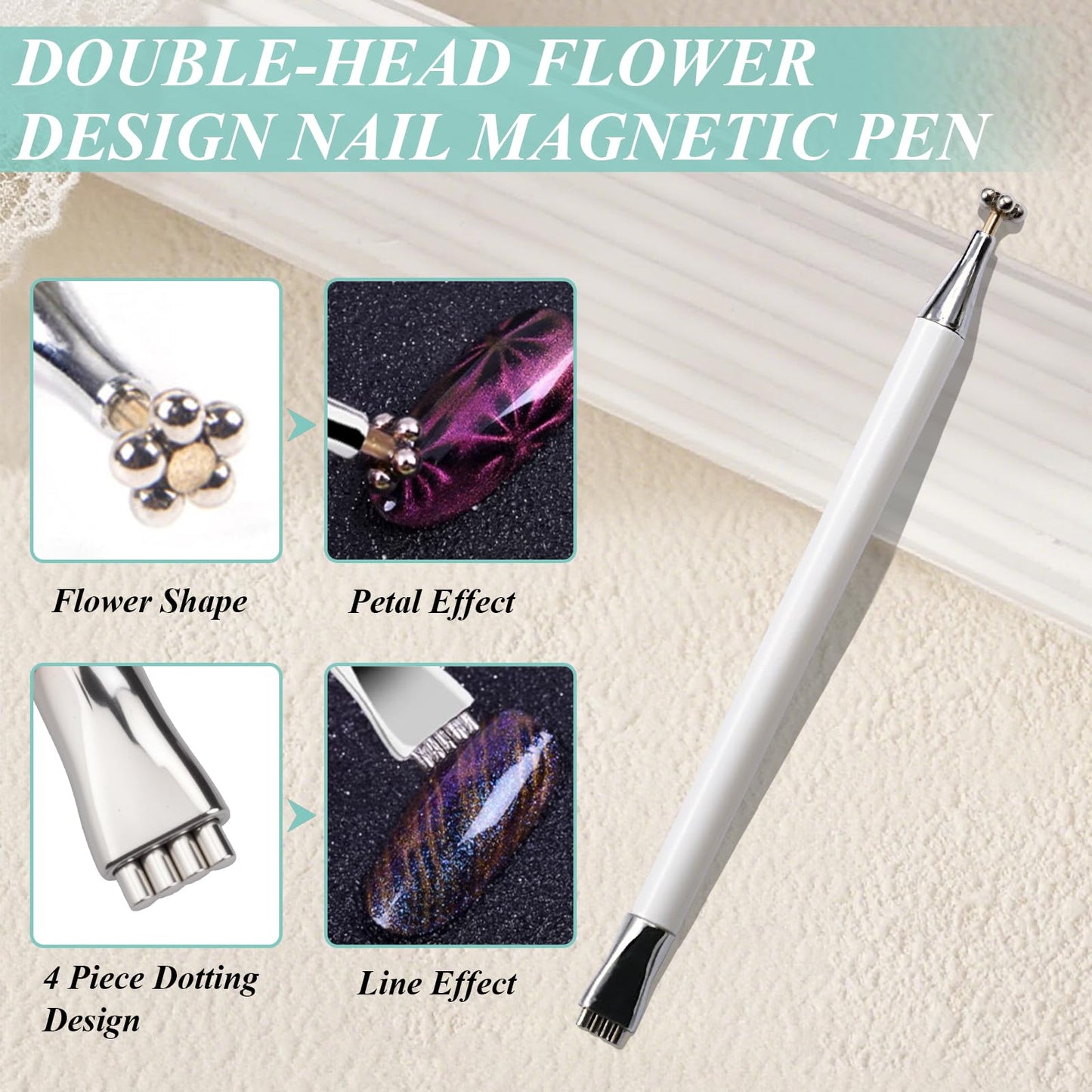 Plman 3 in 1 Heart Magnet for Cat Eye Gel Polish, Double-Head Flower Design Nail Magnetic Pen, Multifunctional Cat Eye Magnet for Nail, Cat Eye Nail Magnet with Nail Magnet Guides (Heart Set-Green)