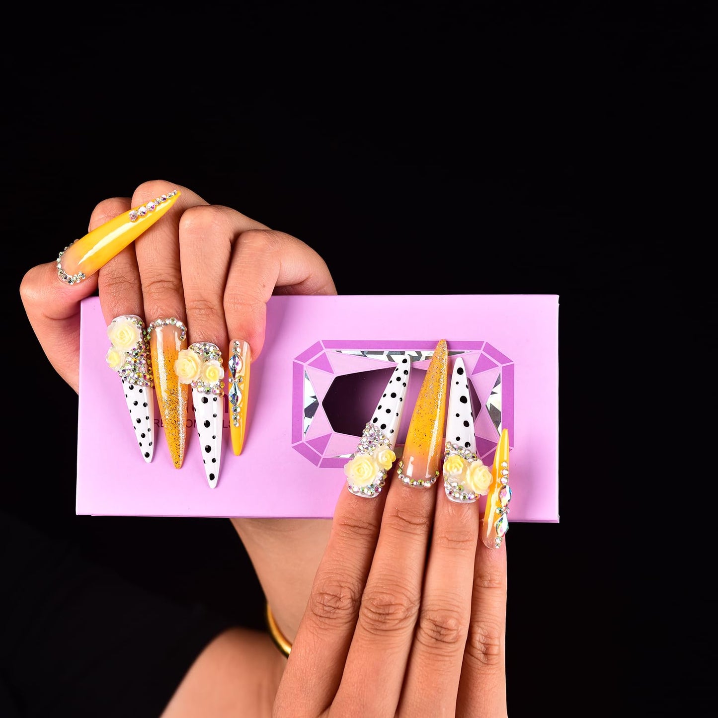 Tmani 10pc/set Extra Long Handmade Press On Nail Hot Girl's Long Ballet Nails Pointed Nail Full of Diamond Glitter Decoration Fake Nails Suitable For Girls Festival Parties and Birthday Gift (265,M)