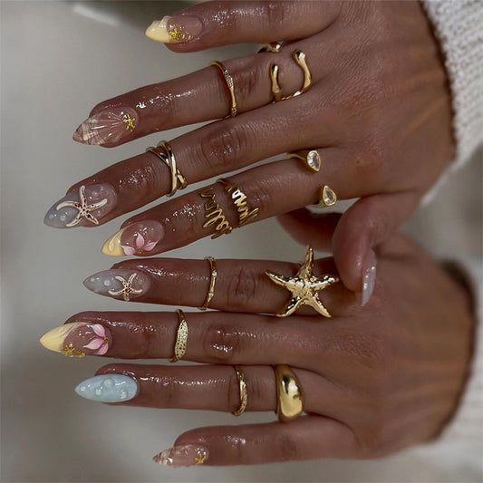 MISUD Press on Nails - Medium Almond Fake Nails with Summer Beach Acrylic Handmade 3D Flower Shell Design 30 pcs