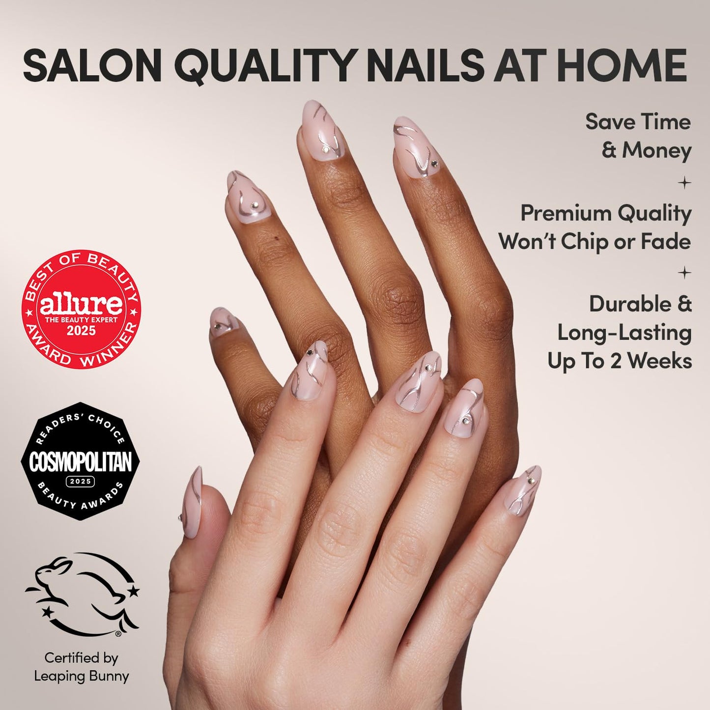 Glamnetic Press On Nails - Astro | Semi-Transparent 3D Metallic Silver Swirl Short Almond Fake Nails in a Glossy Finish | 15 Sizes - 30 Nail Kit with Glue