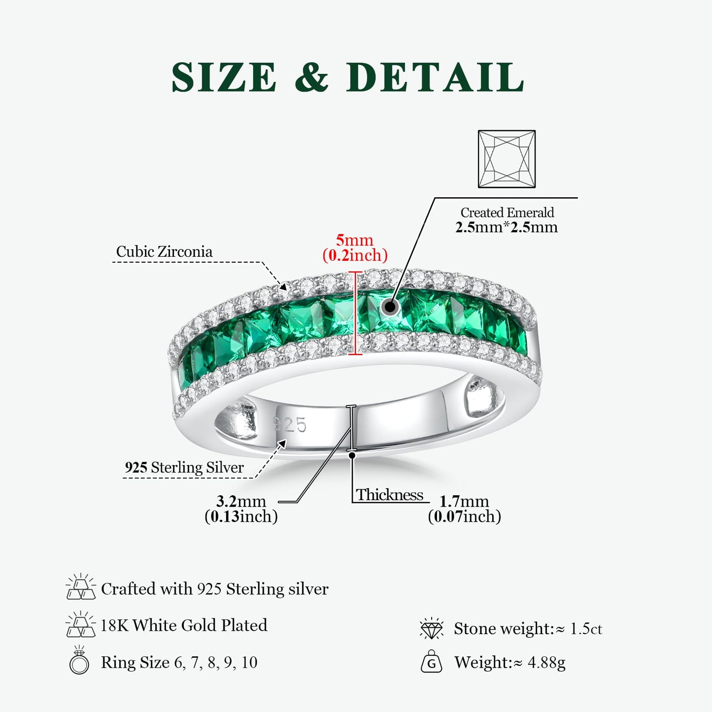 RANDES Emerald Promise Rings for Her 925 Sterling Silver Created Green Stone Engagement Wedding Band Ring Anniversary Jewelry Size 6.5