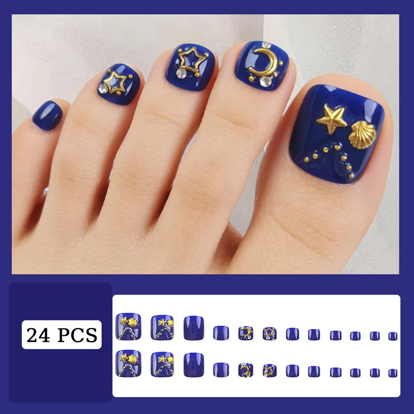 Navy Blue Press on Toenails with Shell Starfish Charms Gold Star Moon Design Fake Toe Nails Glossy Acrylic Toenails Artificial Toe Nails Glue on Summer Press on Toes for Women 24Pcs