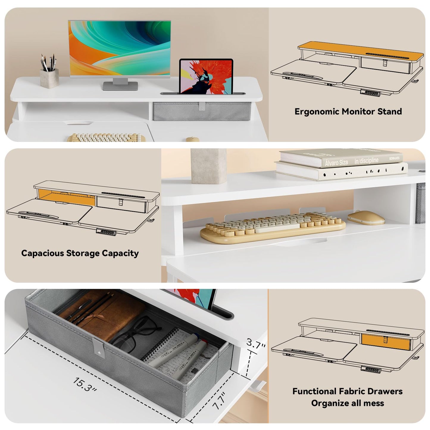 White Standing Desk，60° Tiltable Height Adjustable Electric Rising Desk，40Inch Foldable Mobile Laptop Table with Shelf,Monitor Stand, Drawer ,Flippable Drafting Workstation on Wheels for Kids’ Drawing