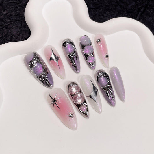 Wsliana Handmade Press On Nails - 3D Charm Y2K Design, Long Almond Shape, 10pcs Glue On Acrylic Fake Nails with Storage Box | Salon Quality | Trendy Nail Kit (074, S)