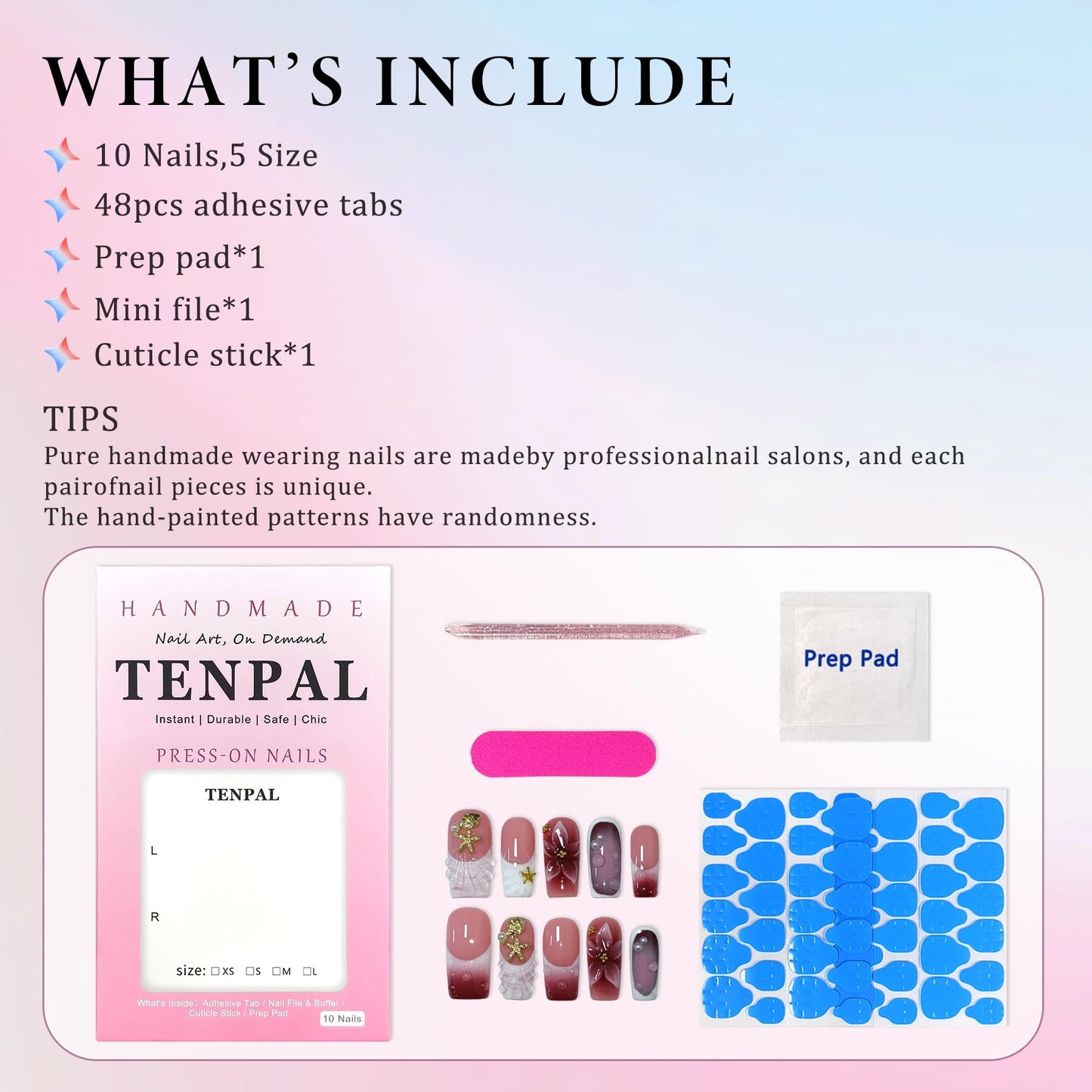TENPAL Handmade Press on Nails Medium Coffin-Nude Pink Wine Ombre Fake Nails with 3D Teardrop Metal & Ocean Floral Design,Blushing Acrylic Glossy False Nails with Crystal Y2K Style For Women Girls(S)