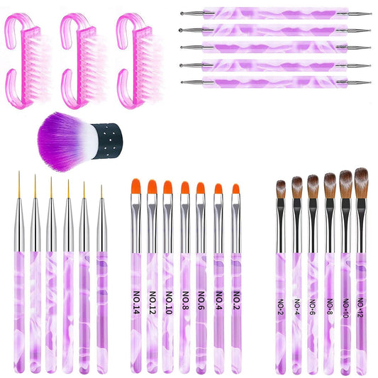 28Pcs Purple Handle Nail Art Brush Set - All-in-One Manicure Tool Kit with Cuticle Brush, Dust Brush, Liner Brush & Builder Gel Brushes for Salon & DIY Nail Art