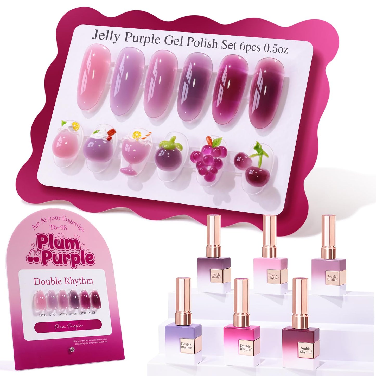 Double Rhythm 6 Pcs 15 ML Gel Polish Set Same Color Same Bottle Soak Off Gel Polish Kit Nail Art Manicure Salon DIY at Home for Women (Jelly Plum Purple Lavender- T6-98)