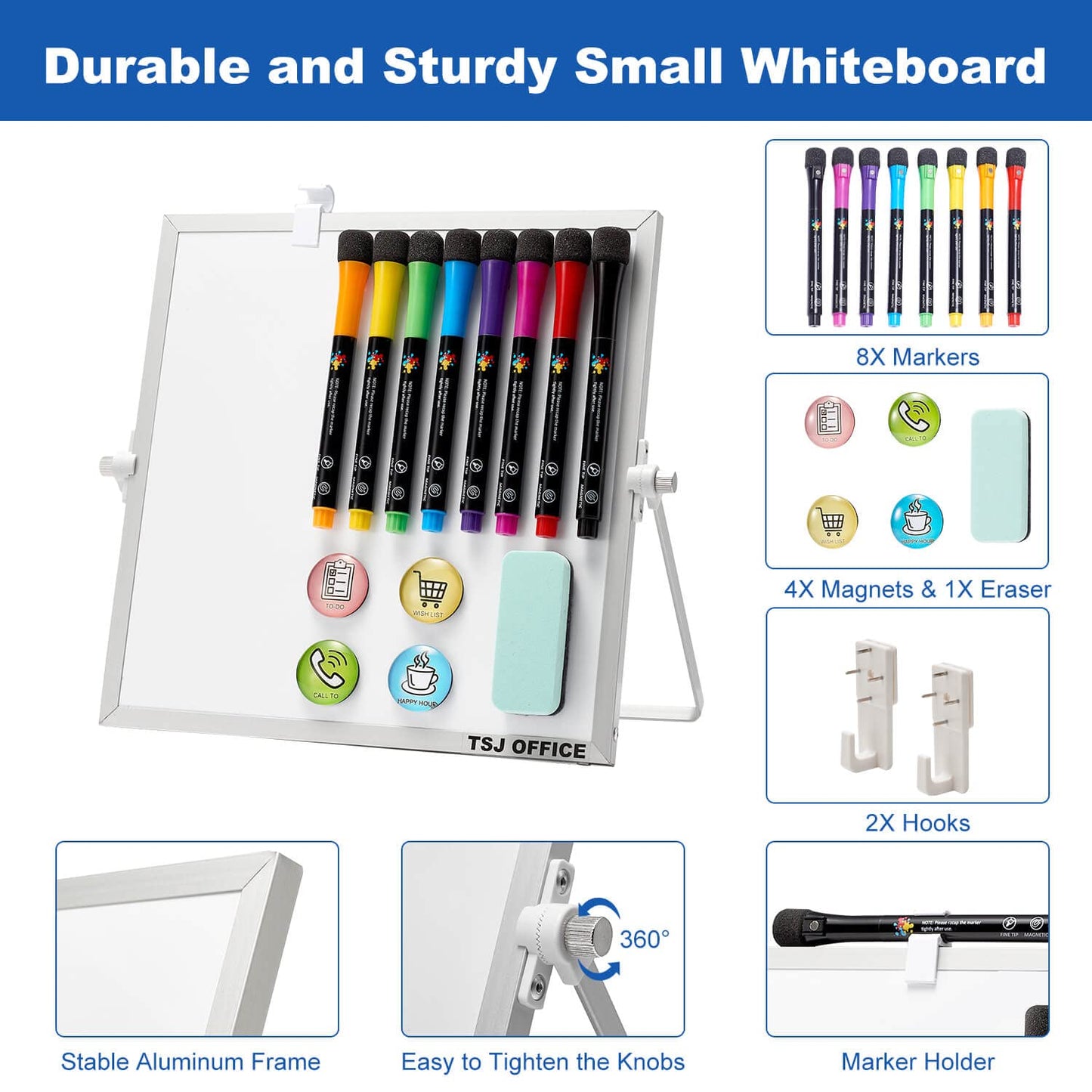 TSJ OFFICE Small White Board - 10 X 10 Inches Small Magnetic Dry Erase Board with Hooks for Wall, Desktop Whiteboard Stand 360 Degrees Revolving Double Sided for Office, Home, School, Silver