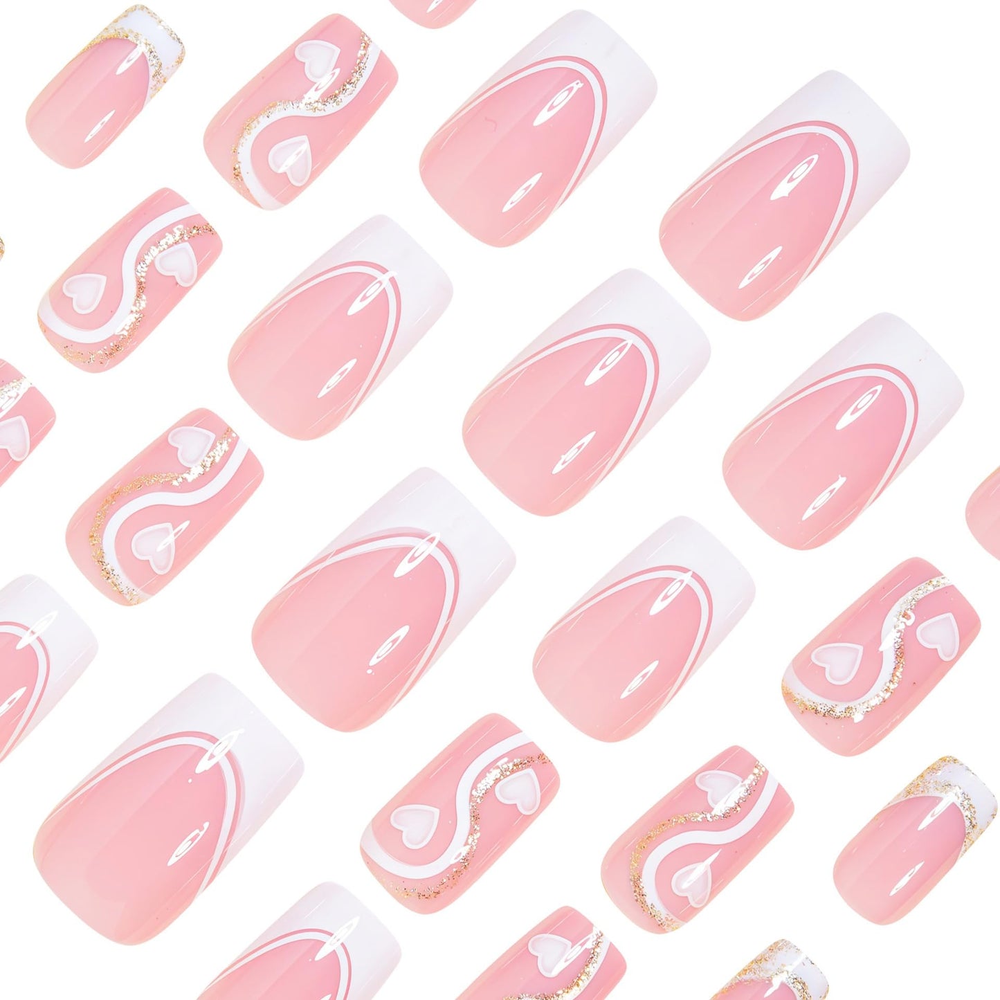Square Press on Nails Medium - White French Tip Fake Nails with Heart Design - Glitter, Stripes Full Cover Stick on False Nails - fow Women 24 Pcs
