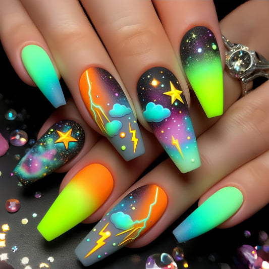 Gradient Press on Nails Long Length Ballet Shaped False Nails Clouds Lightning Pattern Design Acrylic Nails Colorful Smudge Press Nails Artificial Acrylic Nails Full Cover Stick on Nails for Women