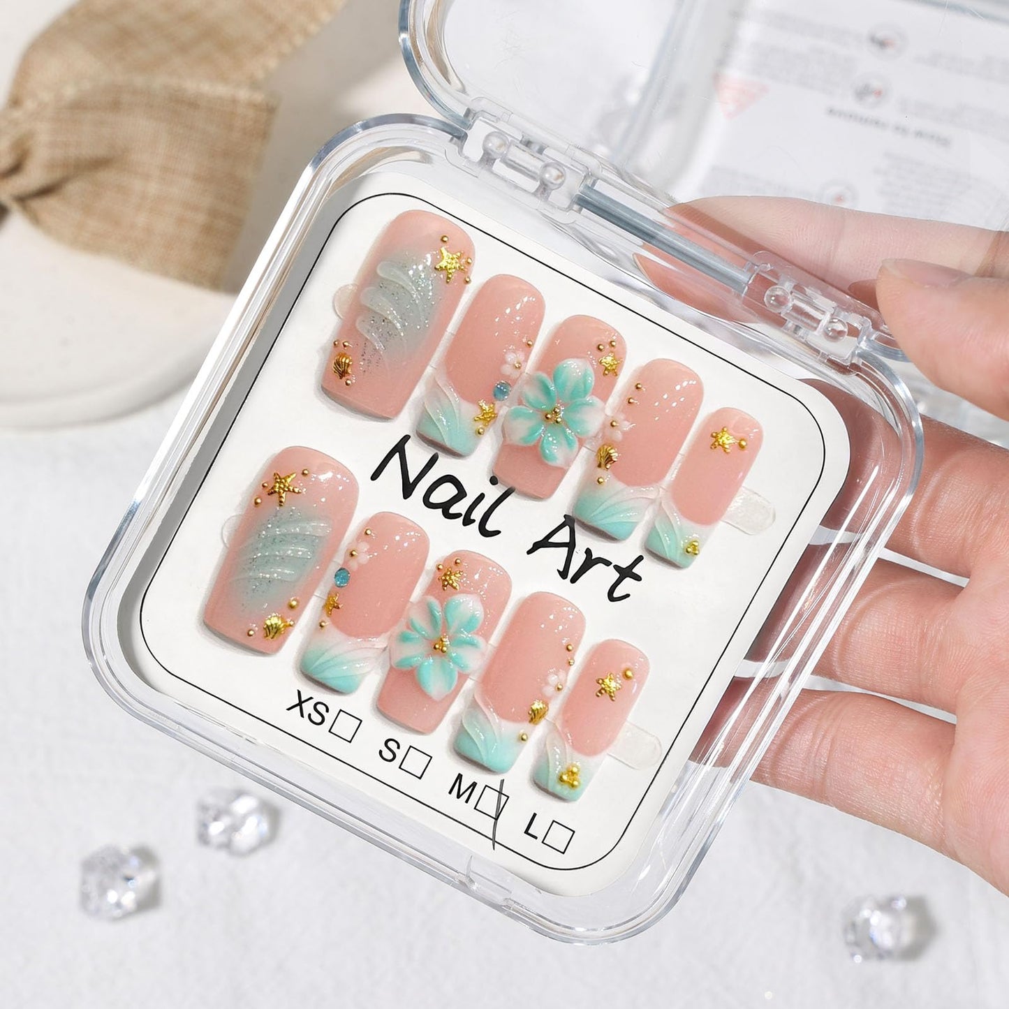 10 Pcs Handmade Press on Nails Medium Square Fake Nails with Blue 3D Flower Design False Nails Pink Acrylic French Tip Press Ons Nails Square M Size for Women Ocean Manicure