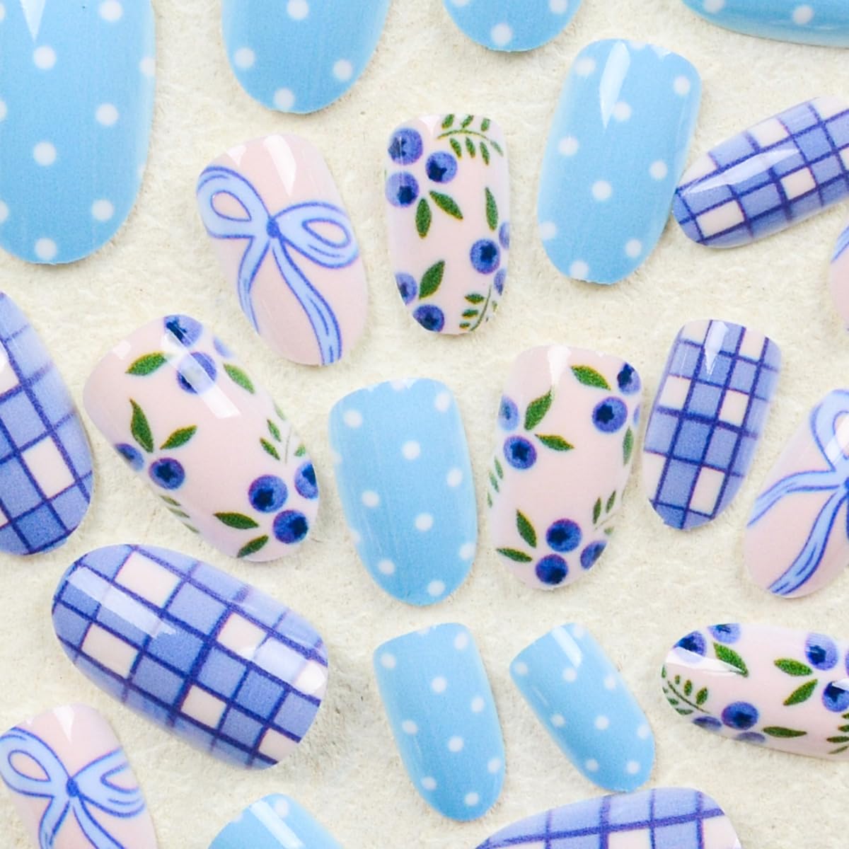 Spring Press on False Nails Polka Dot Fake Nails Blue Short Oval Glue on Nails with Blueberry Checkered Bow Designs Glossy Press ons Stick on Nail for Women Manicure 24Pcs