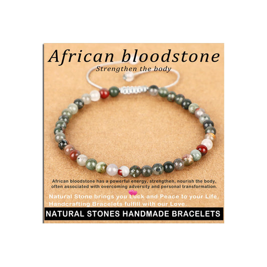 AD Beads 4mm African bloodstone - Strengthen the body - Handmade Natural Stone Crystal Bracelet with Adjustable Macrame String - Yoga Healing Power Energy Gifts for Men and Women