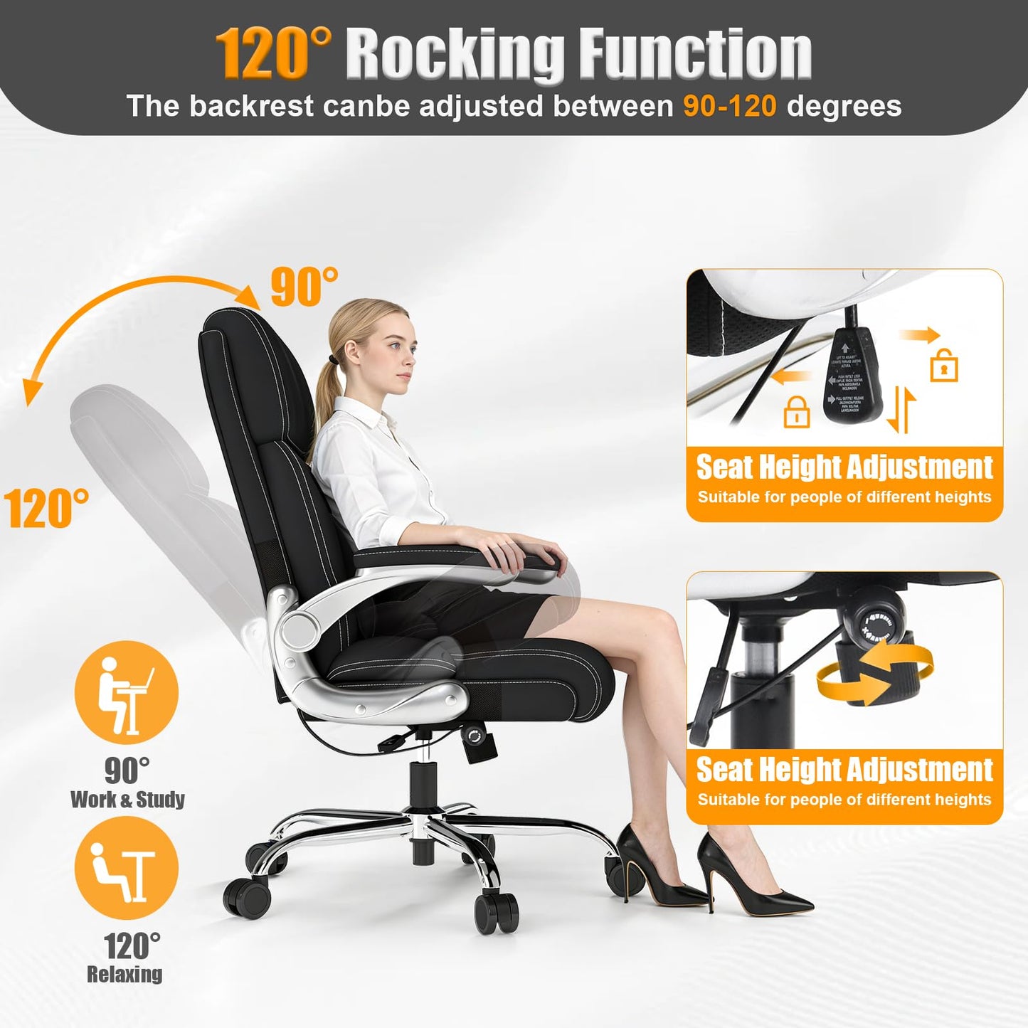 Big and Tall Ergonomic Leather Office Chair with Adjustable Lumbar Support, Flip-Up Armrests Desk Computer Chair, Swivel PC Chair with Rocking Function