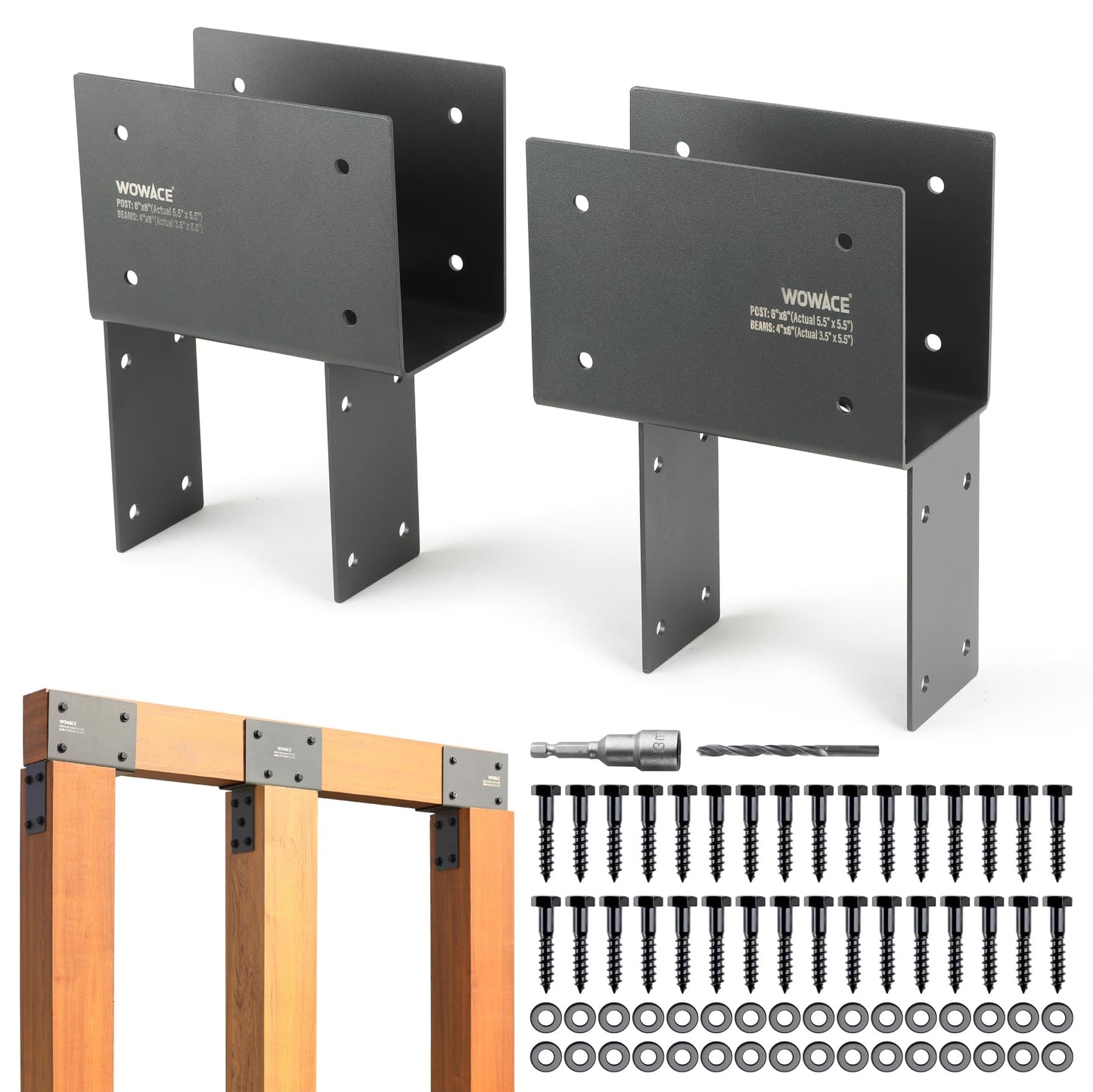 WOWACE 2 Pack 4x6 (Actual 3.5"x5.5") Heavy Duty Stainless Steel Pergola Brackets - End Post to Beam Connector for Gazebos, Patio Decks, Porches - Wood Post Cap Tie Bracket (Dark Gray)