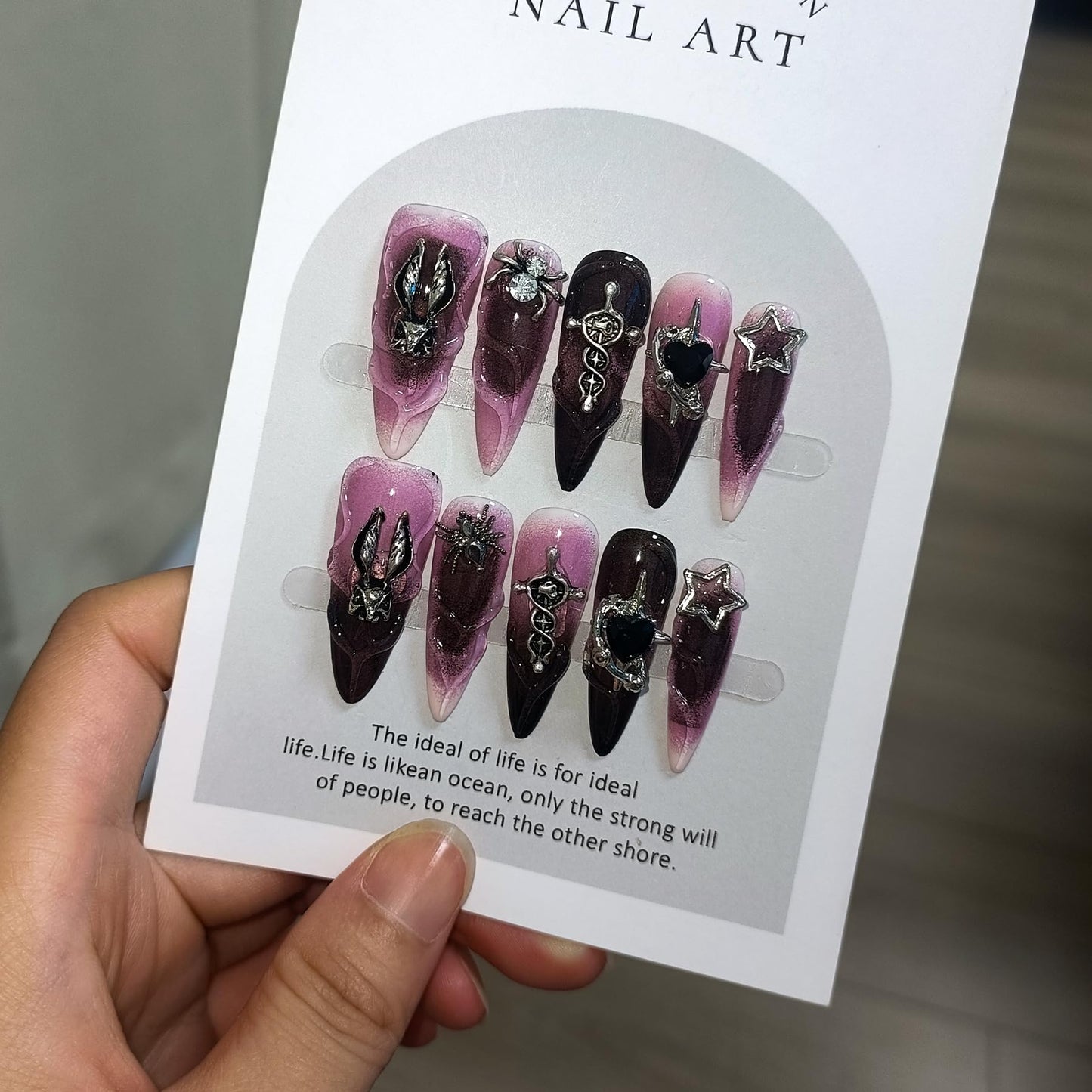 TENPAL 10Pcs Handmade Press On Nails Long Stiletto,Gothic Pink & Black Swirl Fake Nails with 3D Cross Spider Star Charms,Glossy Y2K Punk Glam Halloween Nails,Edgy Kawaii Nails for Parties Cosplay(M)