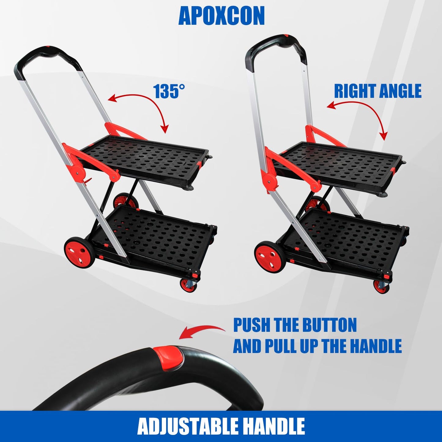 APOXCON Collapsible Shopping Cart with 2 Storage Crates 2-Tier Portable Utility Cart with Swivel Wheels 200lb Capacity Heavy Duty Folding Trolley for Shopping Office Warehouse Catering (Red)