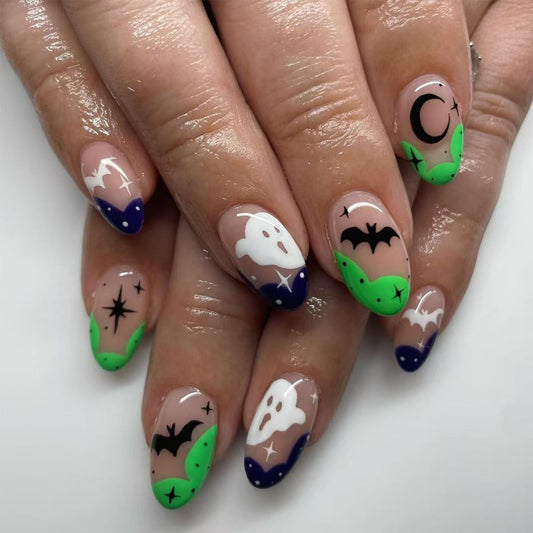 24Pcs Halloween Nails Ghost Bat Press on Nails Medium Almond Green French Tip Fake Nails with Star Designs Halloween Acrylic Nails Artificial Full Cover Glue on Nails Spooky Stick on Nail for Women