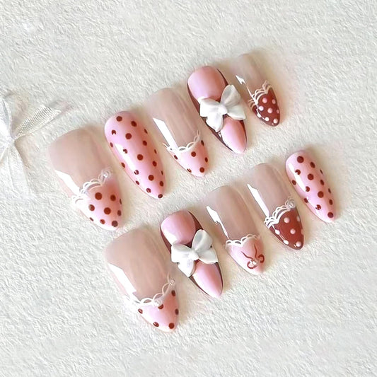 24Pcs Pink French Press on Nails Medium Almond Fake Nails Polka Dot, French Lace, Bow, Pearls Design French Nails 3D Cute Bows Press on Stick on Nails for Women Daily Wear DIY Nails